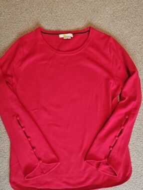 Boden Red Long-Sleeve Crewneck Top with Sleeve Button Detail